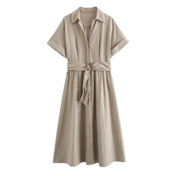 Ayika® | Robe midi chemise en mélange de lin à col en V