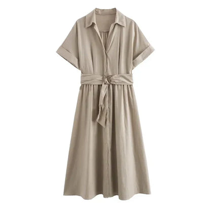Ayika® | Robe midi chemise en mélange de lin à col en V